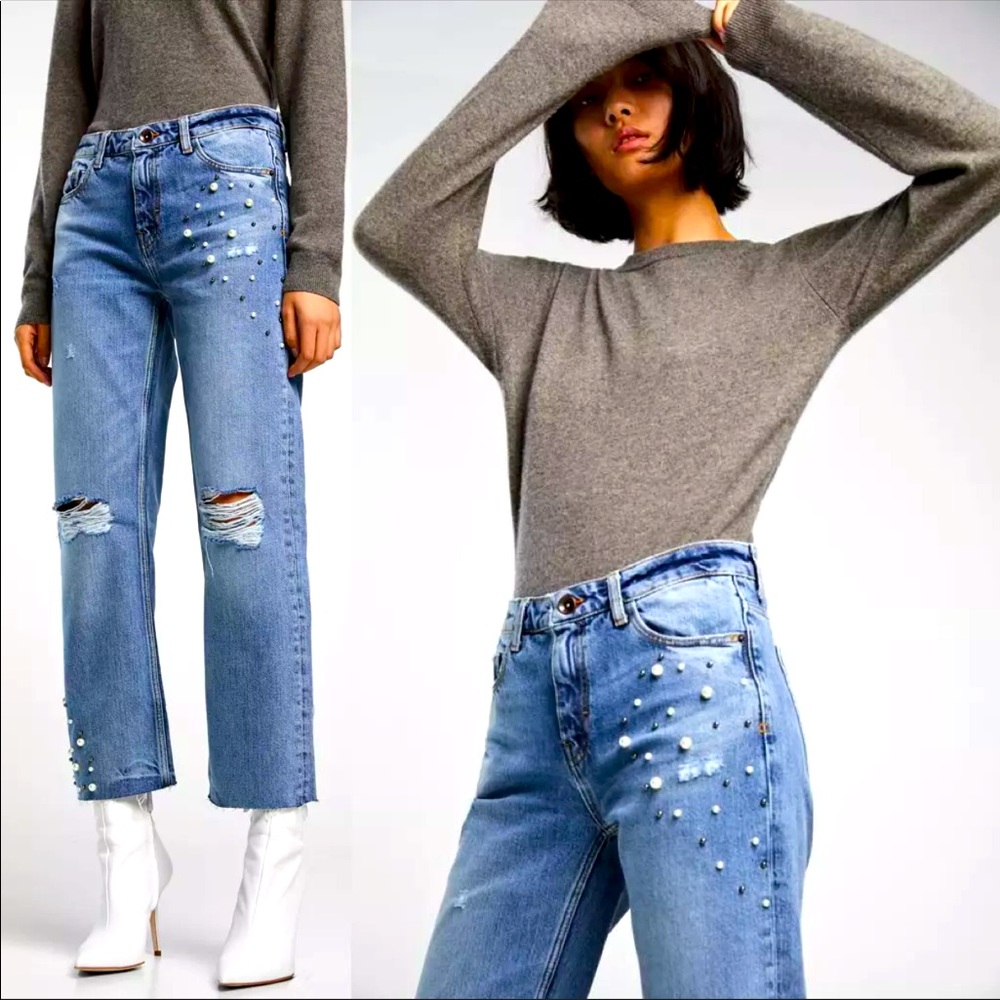 Zara Light Blue Pearl-Embellished Ripped Jeans